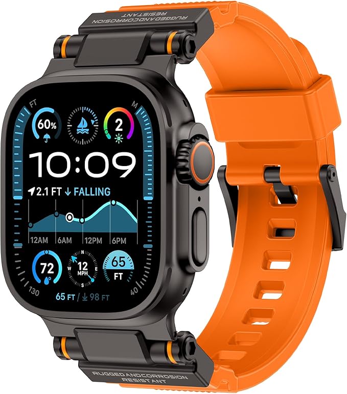 Band Compatible with Apple Watch Ultra 3/2/1 Band 49/46/45/44mm | Metal Connector with Silicone Rugged Strap for iWatch Ultra Series 11/10/9/8/7/6/SE3/SE2/SE/5/4/3/2/1, Orange/Black