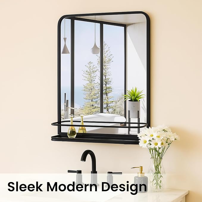 VASUHOME Black Bathroom Mirror with Shelf - Bathroom Vanity Mirror with Metal Frame with Rounded Corners - 26.8" x 21.3" - Perfect for Living Room, Bedroom, Bathroom, Entryway