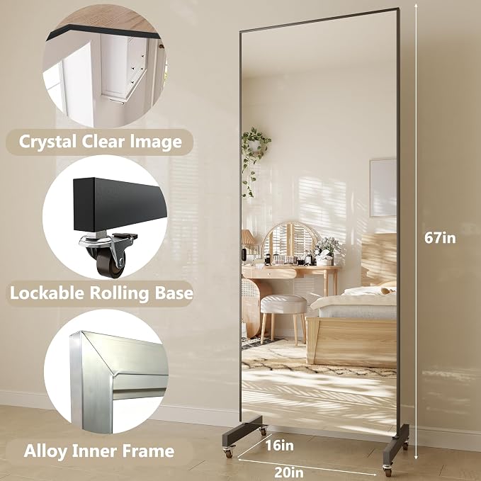 Full Length Floor Mirror with Wheels, Super Lightweight Glassless Shatterproof Film Mirror, Rolling Mirror for Home Gym, Dance Studio, Yoga Room, 67×20Inch, Black