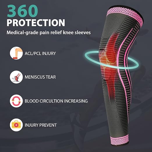 2 Pack Full Leg Compression Sleeves, Long Knee Brace Support for ACL,PCL, Meniscus Tear, Arthritis, Tendinitis,Men And Women (Rose Red, Medium)