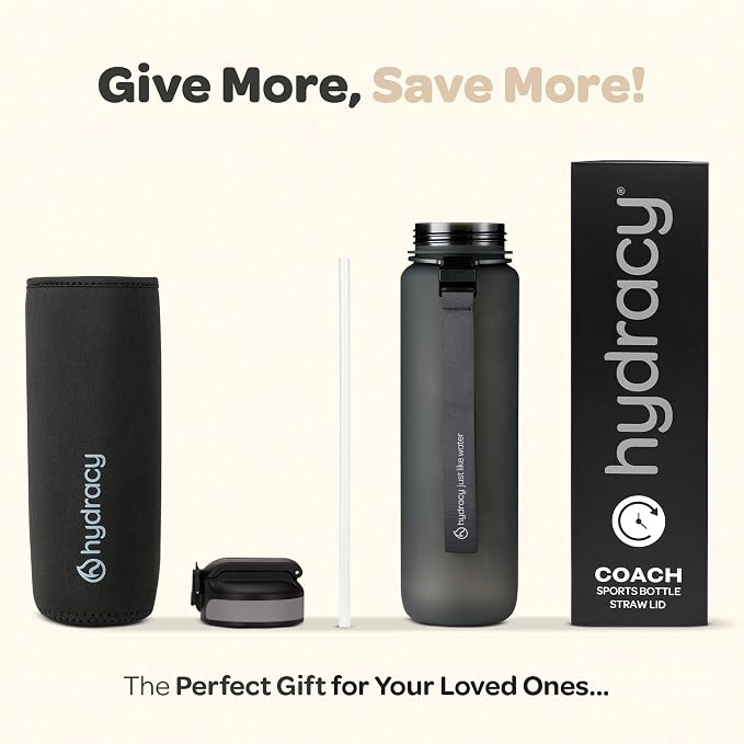 Hydracy Motivational Water Bottle with Time Marker and Straw Lid 32 oz | Leakproof,BPA Free,No Sweat Neoprene Sleeve,Carry Strap,Daily Intake Tracking for Fitness & Outdoors