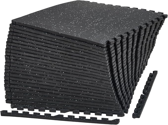 0.56" Thick 96 Sq ft Exercise Equipment Mats,24 Tiles Rubber Interlocking Puzzle Gym Flooring with High Density EVA Foam for Home Gym, Heavy Weight Workout, 24 x 24in Black/Grey