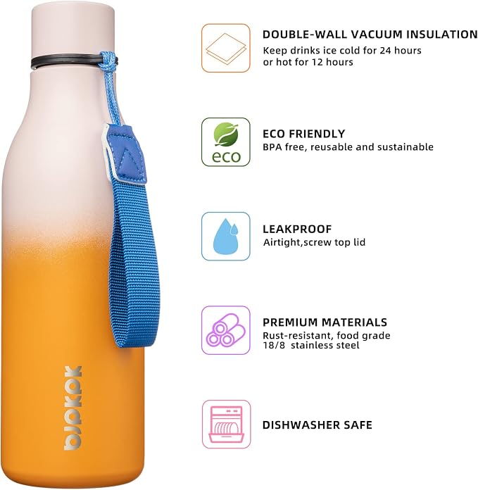 BJPKPK 18oz Insulated Water Bottle, Stainless Steel Bottle with Carry Strap | Keep Cold & Hot Vacuum Insulation, Leak-Proof BPA-Free Design, Slim Bottle Fits Most Cup Holders for Gym, Office & Travel