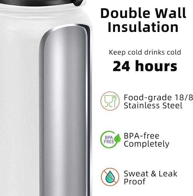 Fanhaw 40 oz Insulated Stainless Steel Water Bottle with Chug Lid, Leakproof & Sweat-Free Extra-Large Metal Bottle for Outdoor, Hiking & Gym (White)