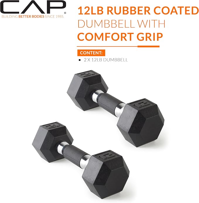 CAP Rubber Coated Dumbbell Weights, Free Weights for Home Gym Strength Training, Anti-Roll Hex Dumbbells with Black, Chrome & Comfort Grip Handles, Pairs & Sets