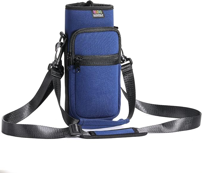 Nuovoware Water Bottle Carrier Bag, 25oz/32oz, Navy blue | Adjustable Shoulder Hand Strap, 2 Pocket, Neoprene Sleeve, For Hiking Travelling Camping