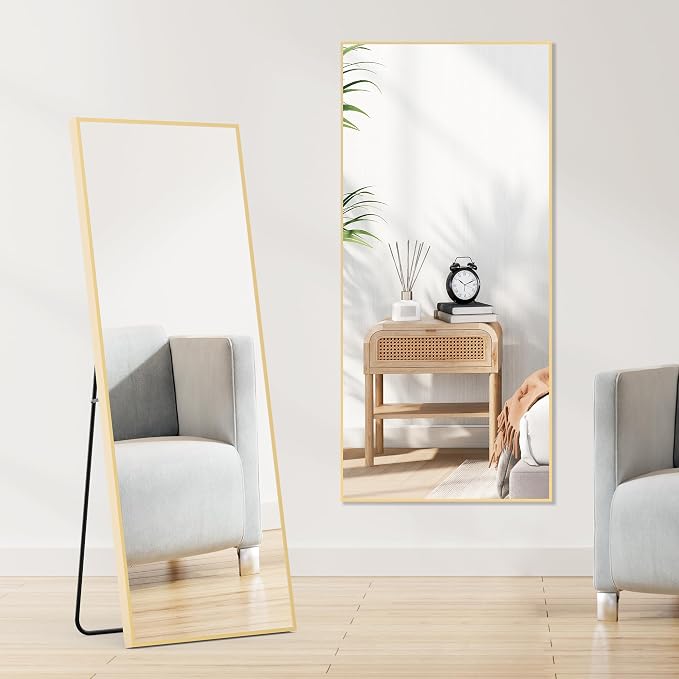 OLIXIS 64"x21.5" Full Length Mirror with Stand, Body Mirror | Shatter-Proof Glass, Hanging or Leaning for Wall, Floor Standing, Bedroom Living Room, Long, Gold