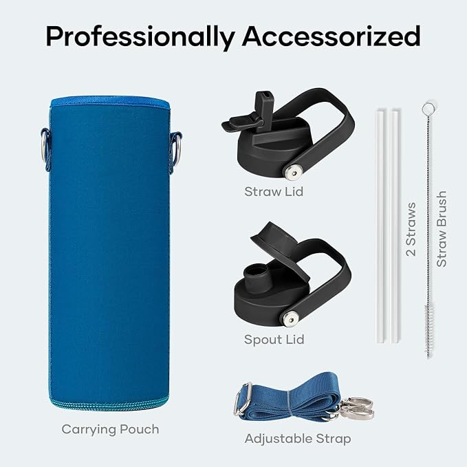 BUZIO 24 oz Insulated Water Bottle, Stainless Steel Wide Mouth Water Flask with Straw Lid, Cold for 48 Hrs Leak Proof Metal Hydro Thermo Canteen Mug, Blue