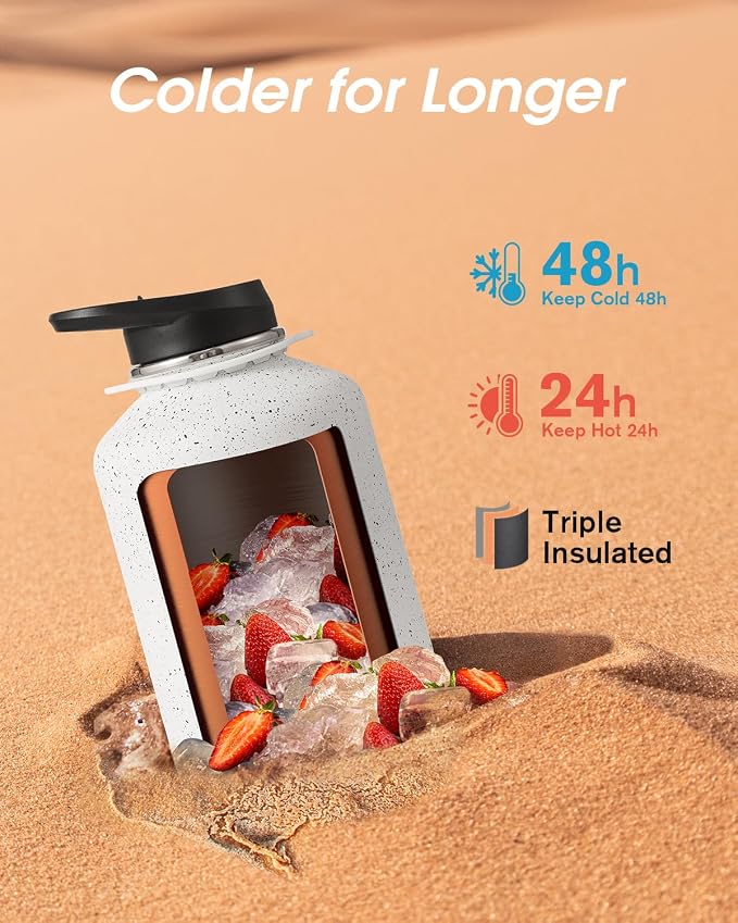 Coolflask Half Gallon Water Bottle Insulated Stainless Steel with Strap | 64 oz Large Water Jug with Straw & Spout Lids,Triple-Wall, Cold 48+h,Dishwasher Safe, Leakproof, BPA-Free,for Gym & Hiking