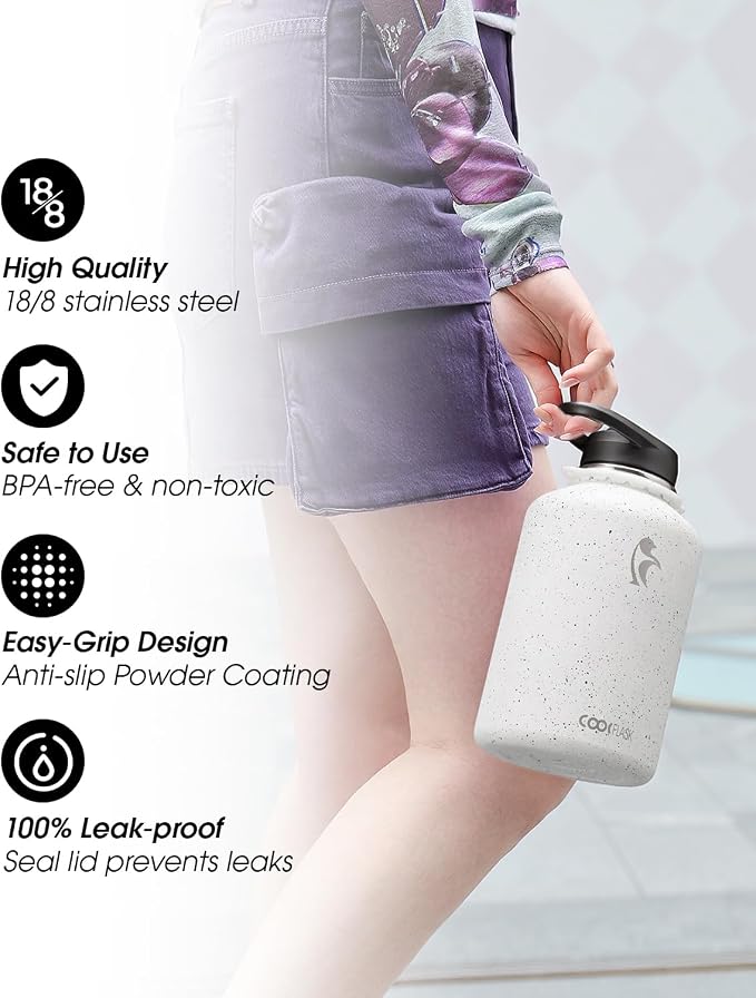 Coolflask Half Gallon Water Bottle Insulated Stainless Steel with Strap | 64 oz Large Water Jug with Straw & Spout Lids,Triple-Wall, Cold 48+h,Dishwasher Safe, Leakproof, BPA-Free,for Gym & Hiking