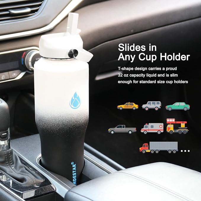 SENDESTAR 32oz Water Bottle Wide Mouth Stainless Steel Vacuum Insulated Double Wall with 2 Straw Lids Fit in Any Car Cup Holder