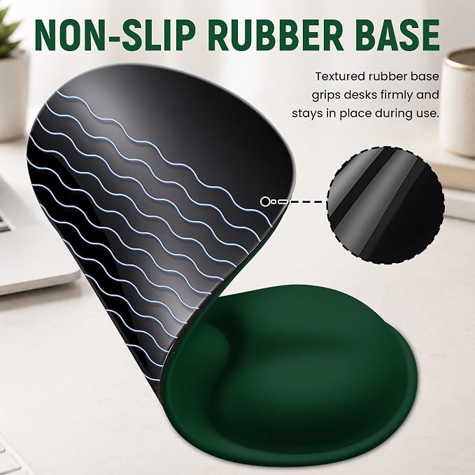 Ergonomic Mouse Pad with Wrist Rest, Gel Wrist Support, Dark Green | 10.2 x 7.6 in Mouse Pad with Smooth Fabric Surface and Non-Slip Rubber Base for Office, Home, Study, and Gaming