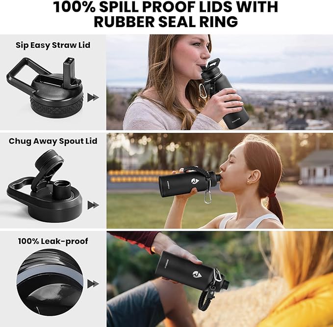 RAYMYLO Insulated Water Bottle 32 oz, Triple Wall Vacuum Stainless Steel | (Cold for 24Hrs, Hot for 12Hrs), Leak Proof & Non-BPA, Modern Water Flask Jug with Paracord Handle & Straw Spout Lids