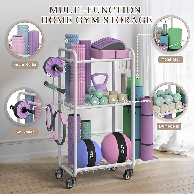 Multi-Functional Home Gym Storage Rack with Wheels and Hooks | Gym Equipment Storage for Dumbbells Kettlebells Yoga Mat, All-in-One, Space Saving, Easy to Assemble