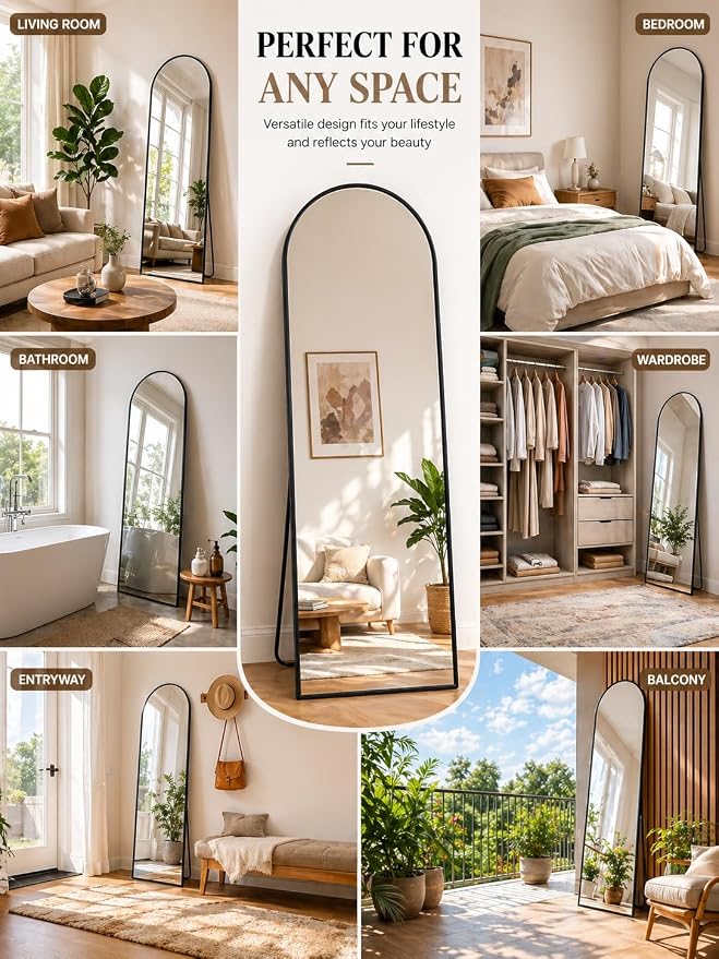 Full Length Mirror, 58.5"x18" Arched Floor Mirror Freestanding, Floor Standing Full Body Mirror with Stand for Bedroom, Hanging Mounted for Living Room Cloakroom (Black, 58.5" L x 18" W)