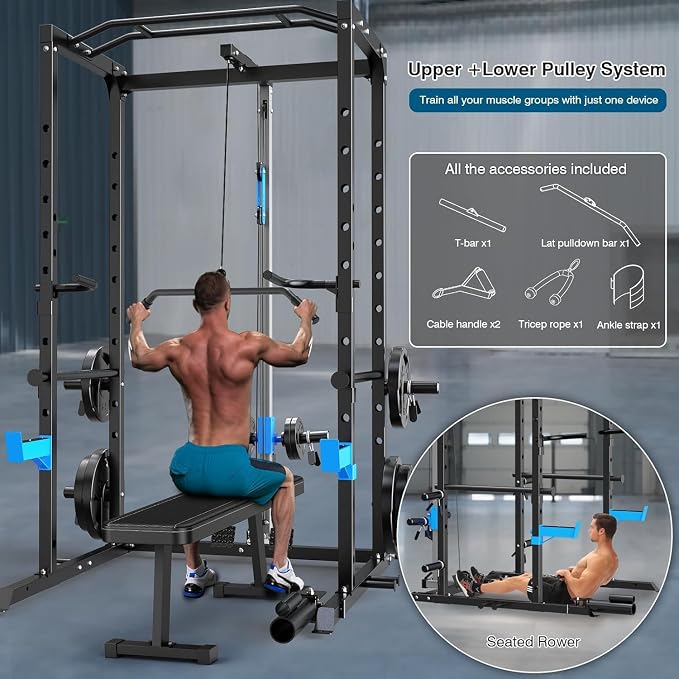 ULTRA FUEGO Power Cage, Multi-Functional Power Rack with J-Hooks, Dip Handles, Landmine Attachment and Optional Cable Pulley System for Home Gym