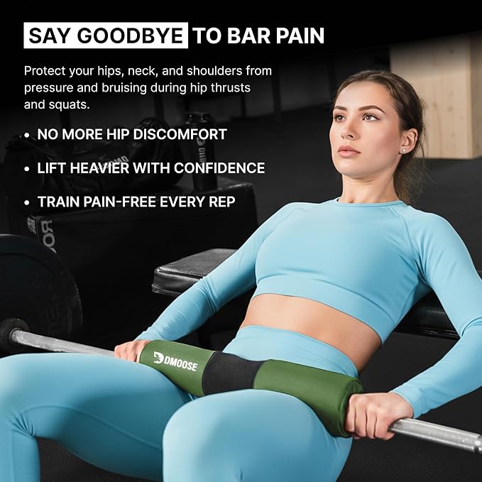 DMoose Fitness Barbell Pad for Hip Thrust, Squat & Lunges - Non-Slip Thick Foam Cushion for Neck and Back Support with Two Straps - Hip Thrust Pad for Leg Day - Fits All Olympic Bars and Smith Machine