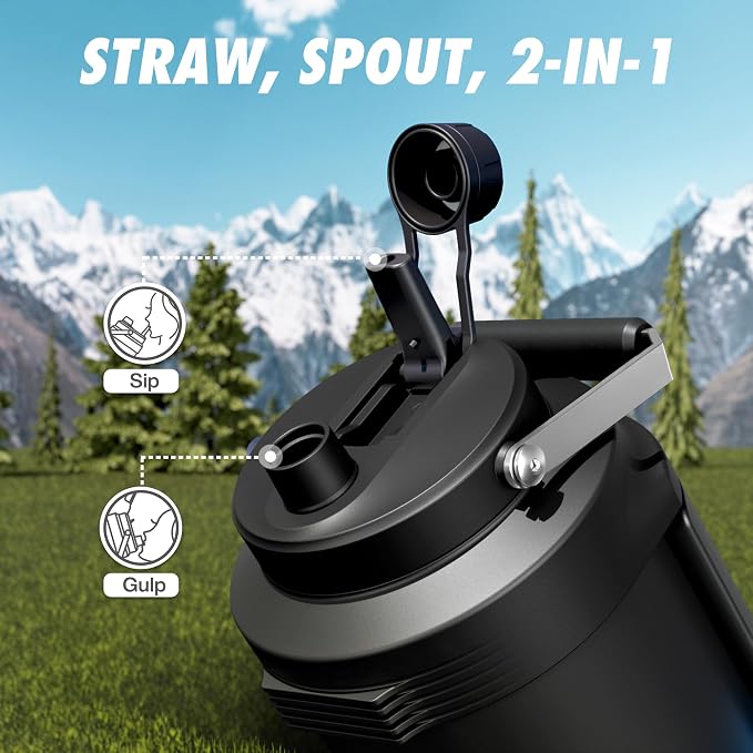 POWCAN 128 oz Insulated Water Bottle: 2-in-1 Straw Spout Lid, Dual Handle, Leakproof, Keep Cold 48H, Gallon Stainless Steel Water Jug for Camping, Travel, Gym, Hydration, Fitness, Daily (King)