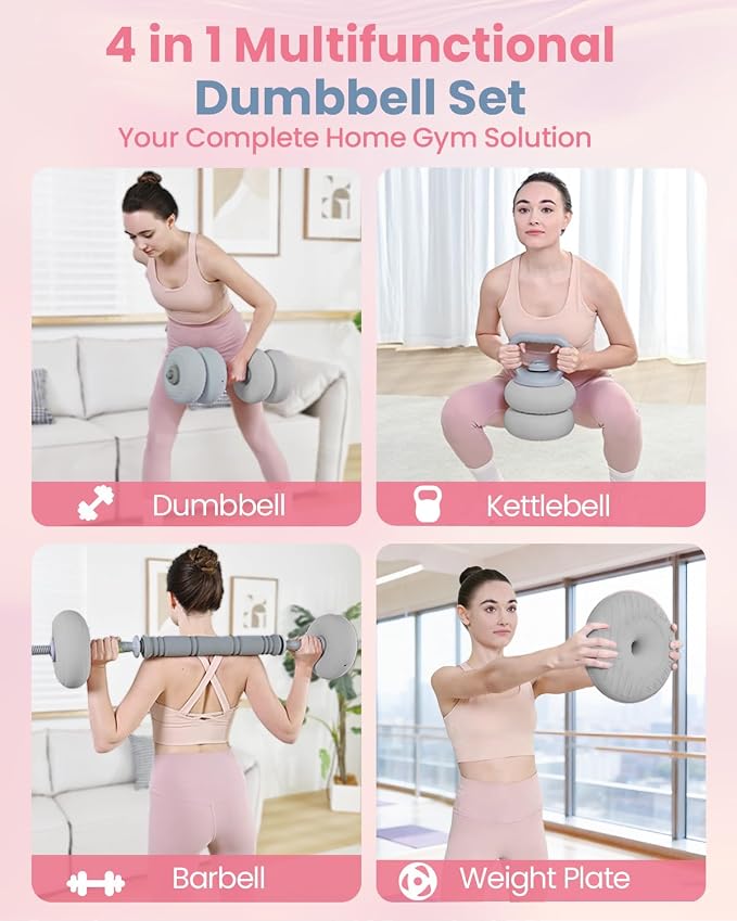kisnbld Adjustable Dumbbell Set, 35/45/62LBS SoftShell Weight Set with Connector 4-IN-1 Dumbbell Set Used as to Barbell & Kettlebell for Home Gym, Fitness Exercise for Men Women Beginners