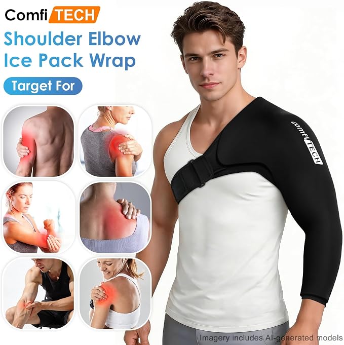 ComfiTECH Shoulder Arm Ice Pack Wrap for Pitchers, Flexible Ice Sleeve, L | Flexible Shoulder Ice Brace for Arm & Elbow, Cold Gel Application for Volleyball Player, Athlete & Throwing Recovery