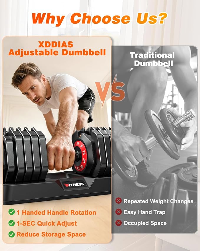 XDDIAS Adjustable Dumbbell Set for Home Gym Workout | 25 to 90 lbs, non-slip knurled grip, compact storage, one-hand adjustable
