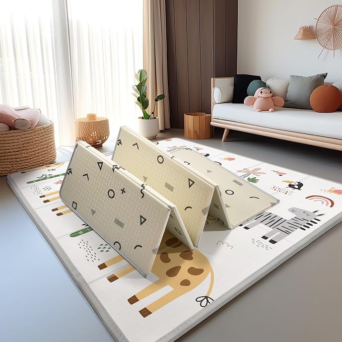 XL Baby Play Mat for Floor, PIGLOG 79" x 71" Foam Play Mat, Foldable Playmat for Playyards, Waterproof Anti-Slip Floor Playing Mats for Babies, Toddlers, Infants, Reversible Baby Crawling Mat, Giraffe