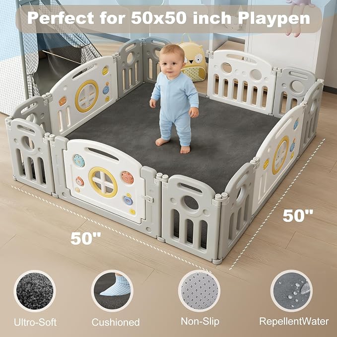 Baby Play Mat for Floor, 1.3" Thick Elasti-Foam Baby Play Mat, 50x50 Playpen Mat for Toddlers Infant Kids, Water Repellent Soft Coral Velvet Crawling Mat for Floor, Non-Slip Backing Safe Dark Grey