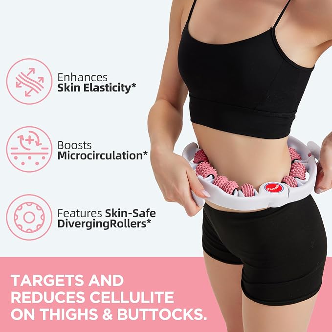 Cellulite Massage Tool - Lymphatic Drainage Massager - Muscle Roller, Deep Fascia Massage, Dimpled Skin Removal, Legs/Thighs/Buttocks, Anti-Cellulite Roller, Smooth Skin (14 Wheel - Pink)