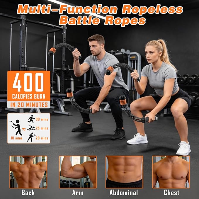 Ropeless Battle Ropes, with 8 Adjustable Weight Rings & Storage Bag, Portable Cordless Heavy Duty Fitness Rope for Home Gym, HIIT, Strength, High Calorie Burn, Low-Impact Cardio for Men and Women
