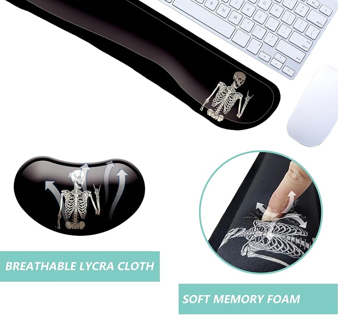 Keyboard Wrist Rest Mouse Wrist Support Set, Memory Foam Wrist Rest Pad for Computer Laptop Keyboard Mouse, Ergonomic Wrist Cushion Support for Typing Pain Relief, Gaming Home Office, Human Skeleton