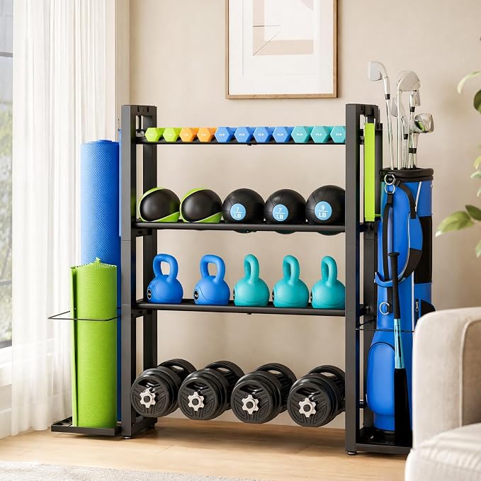 4-Tier Dumbbell Rack with Yoga Mat Holder, Home Gym Weight Rack | Multi-Function Side Storage for Yoga Mats, Foam Rollers & Long Fitness Accessories, 4 Utility Hooks, Heavy-Duty Steel Frame
