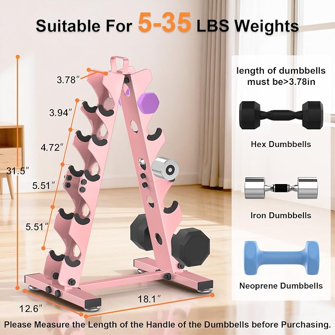TomCare 6-Tier|5-Tier|4-Tier|2-Tier Dumbbell Rack Stand Only for Home Gym | Stable A-Frame, Fits 5–35 lb Dumbbells, Protective Padded Cradles, Adjustable Feet, Easy-Carry Handle (Stand Only)
