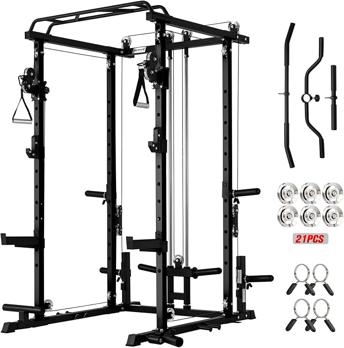 RitFit PPC-P3 Power Cage with Cable Crossover System, 1200LB Capacity | LAT Pulldown & Cable Crossover System with Bumper Plate Set, Olympic Barbell, Bench