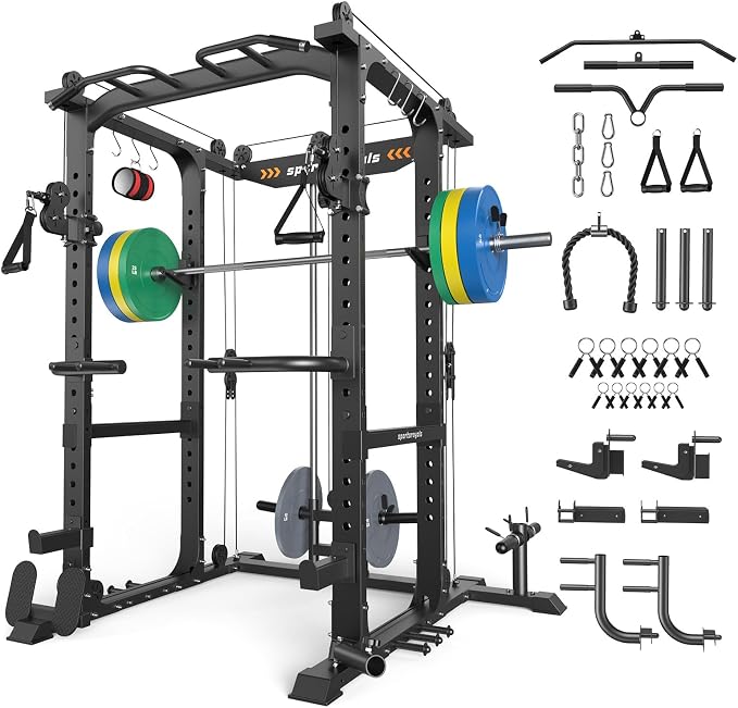 SPORTSROYALS Power Rack, Multi-Functional Power Cage, Squat Rack with Pulley System & LAT Pull Down, Workout Cage with J Hooks for Home Gym