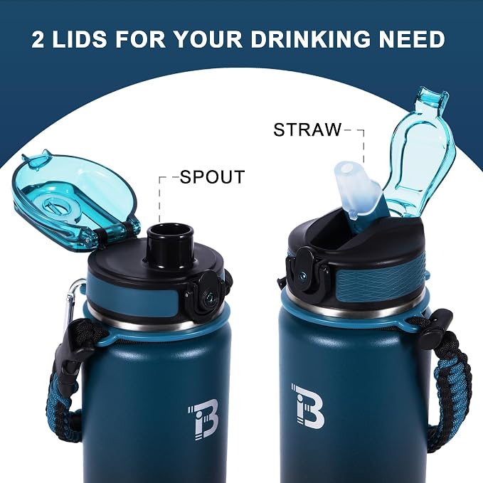 TOPBADE 32oz Insulated Water Bottle with Straw Lid & Spout Lid & Paracord Handle, Stainless Steel Water Bottle Wide Mouth, Double Wall for Women Men Gym Fitness Outdoor