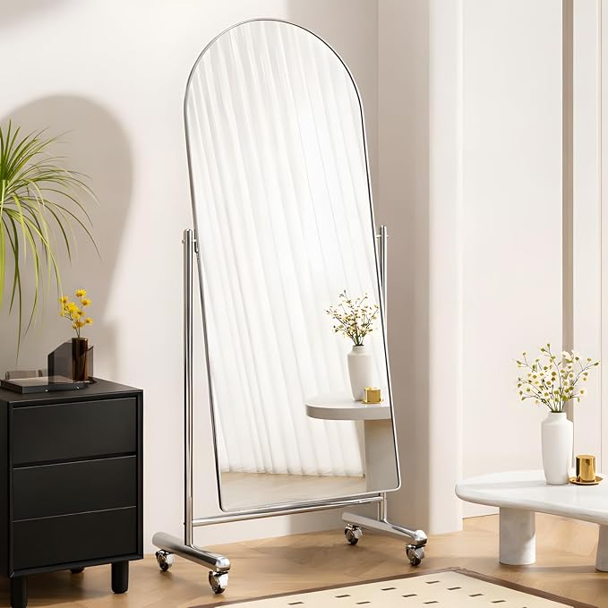 Arched Full Length Rolling Mirror on Wheels, 65"Lx24"W Large Modern Tilting Swivel Mirror with Tempered Glass & Metal Frame, Use for Dressing,Dance Studio,Fitness,Home Gym, Barbershop (Silver)
