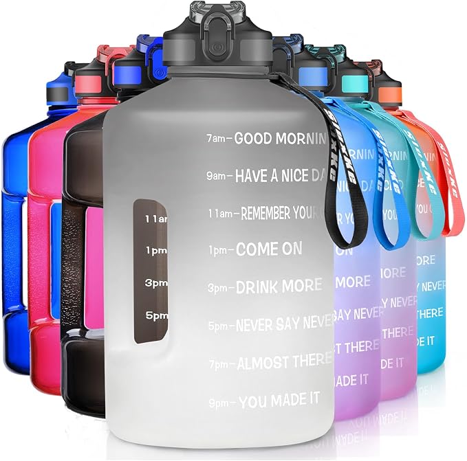 SLUXKE 1 Gallon Motivational Sports Water Bottle with Time Marker, BPA Free 128oz Leak Proof Jug, Black, Plastic, 128 ounces, Fitness, Sports, Outdoor Activities