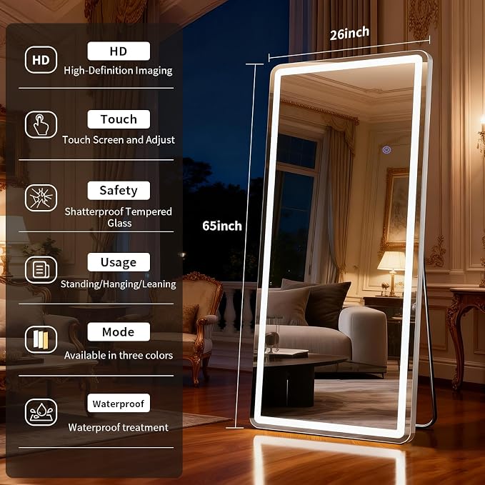 Led Mirror Full Length 26 x 65 in Dimming & 3 Color Lighting | Tempered Glass Full Body Mirrors Standing Leaning or Hanging Full Length Mirrors Lights for Bedroom Dressing Room Rect