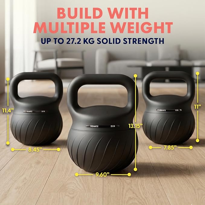 Squatz Soft Drop Kettlebell Set for Home Gym Strength Training - Cushioned Base Kettlebell Set with Wide Grip Handle, Floor-Safe Design, 15 lb, 20 lb, and 25 lb Weights for Full Body Workouts