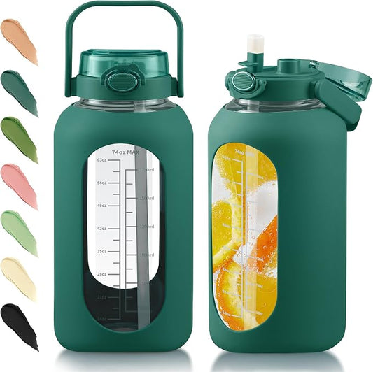 74oz Glass Water Bottle with 2-in-1 Straw Lid Large Gallon Water Bottle with Time Marker & Removable Silicone Sleeve,Wide Mouth BPA-Free Borosilicate Bottle for Gym, Workout & Daily Use
