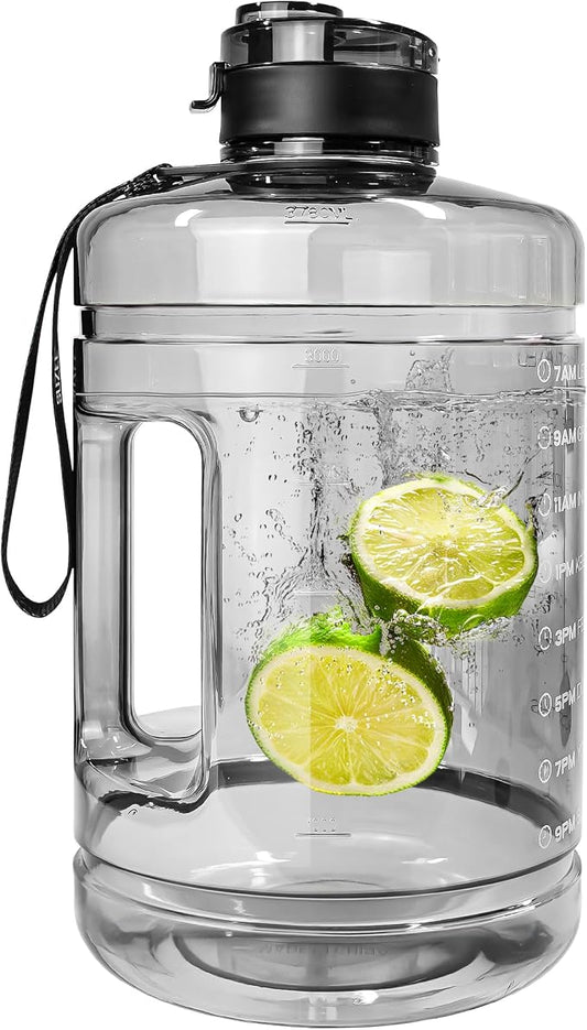 1 Gallon Water Bottle, Water Jug with Motivational Time Marker & Handle | BPA Free,Gallon Water Jug, Half Gallon water Bottle for Sport Gym Camping Workout Outdoors Yoga (Clear Black)