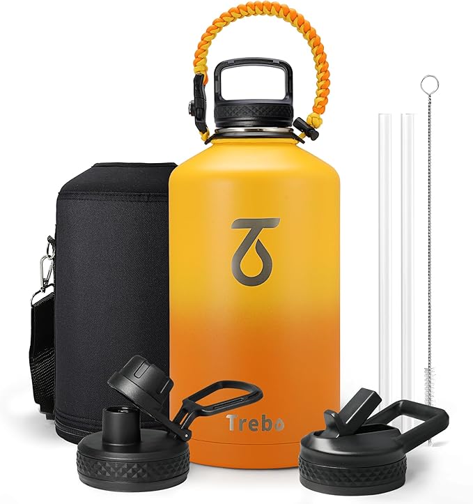 Trebo One Gallon Water Bottle Insulated with 3 Lids, Paracord Handle & Bag | 128 oz Large Stainless Steel Water Jug, Triple Wall Vacuum Copper Plated, Dishwasher Safe, Keeps Cold 48 Hrs for Hiking, Gym