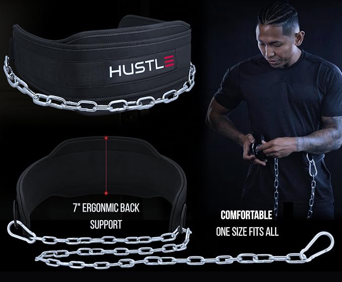 Dip Belt with Chain for Weightlifting – 42in Steel Belt Chain, 7in Padded Back Support, 400lb Capacity – Weighted Belt for Pullups, Dips, Squats – Heavy Duty Weight Belt for Men and Women