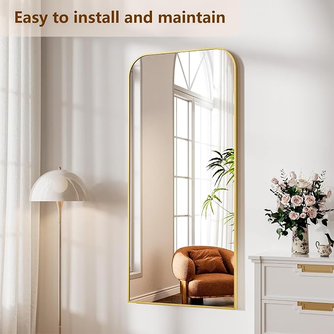 Koonmi Full Length Mirror, 65"x24" Mirror Full Length with Stand | Domed Top Square-Edged ShatterProof Floor Mirror with Gold Aluminum Alloy Frame for Bedroom Living Room Home Gym