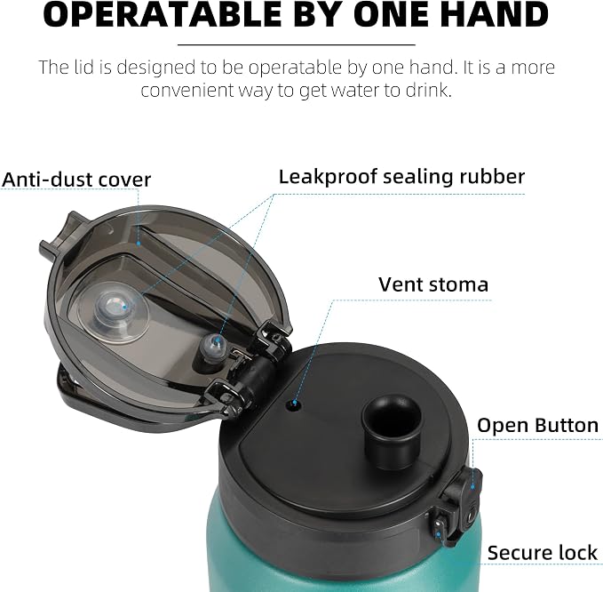 Fanhaw 24 oz Insulated Stainless Steel Water Bottle with Anti-Dust Chug Lid, Leakproof Vacuum Metal Everyday Use Bottle for Kids, Teens & Adults, Back to School Essentials (Green Blue)