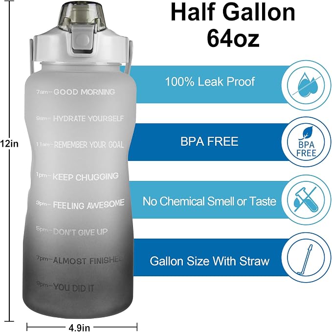 EYQ 64oz/128oz Leakproof Free Drinking Water Bottle with Motivational Time Marker BPA Free for Fitness, Gym and Outdoor Sports