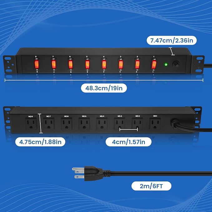 JUNNUJ PDU Rack Mount Power Strip, Heavy Duty 12 Gauge Cord, 6FT, 1 | 8 Outlets Individual Switches, Metal, Server Mountable Surge Protector.