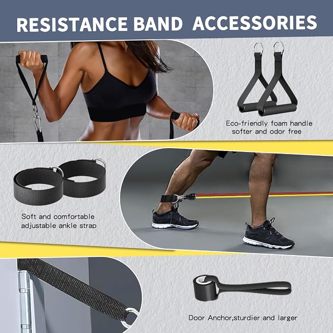 WHATAFIT Resistance Bands with Handles, 5-Level Exercise Bands for Workout | Natural latex,10-50 lbs, stackable to 150,Ankle Straps, Door Anchor,Guide. For Strength, Yoga,Home Gym,Travel & Workout.
