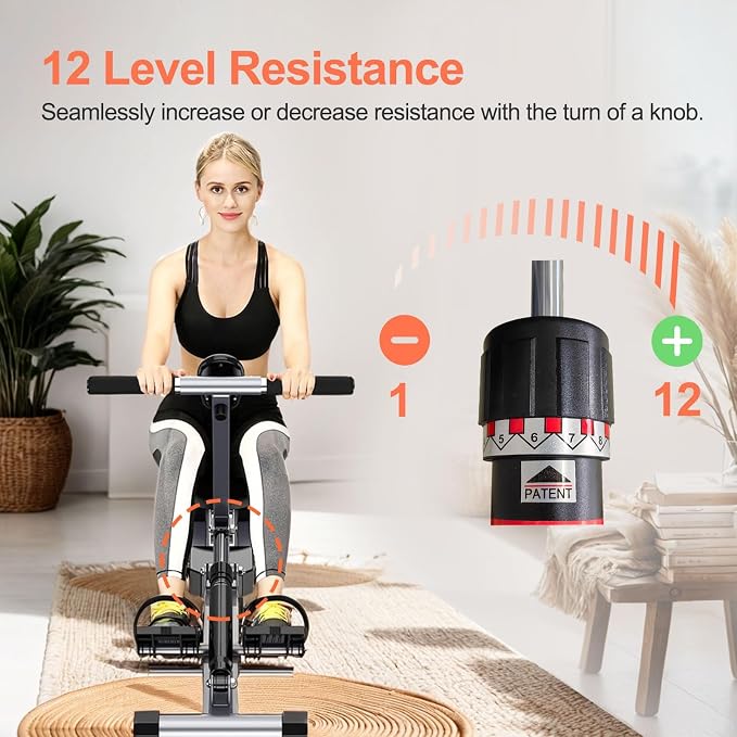 Foldable Rowing Machine, 12-Level Hydraulic Rower for Home Gym | 300LBS Capacity Compact Rowing Machine with LCD Display, Full Body Workout Equipment for Home Exercise & Cardio Training