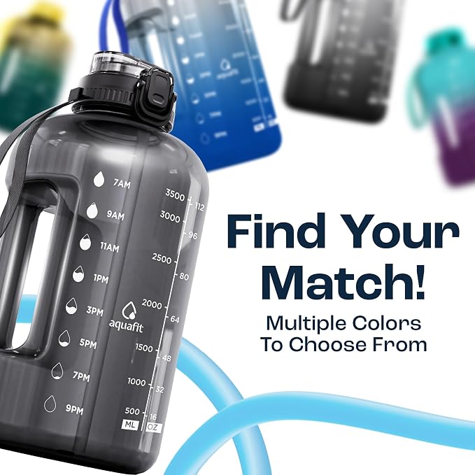 AQUAFIT 1 Gallon Water Bottle with Time Marker, 2in1 Lid | BPA Free 128 oz Water Bottle with 2in1 Straw and Chug Lid - Leakproof Gym Water Bottle with Carry Handle (Clarity)